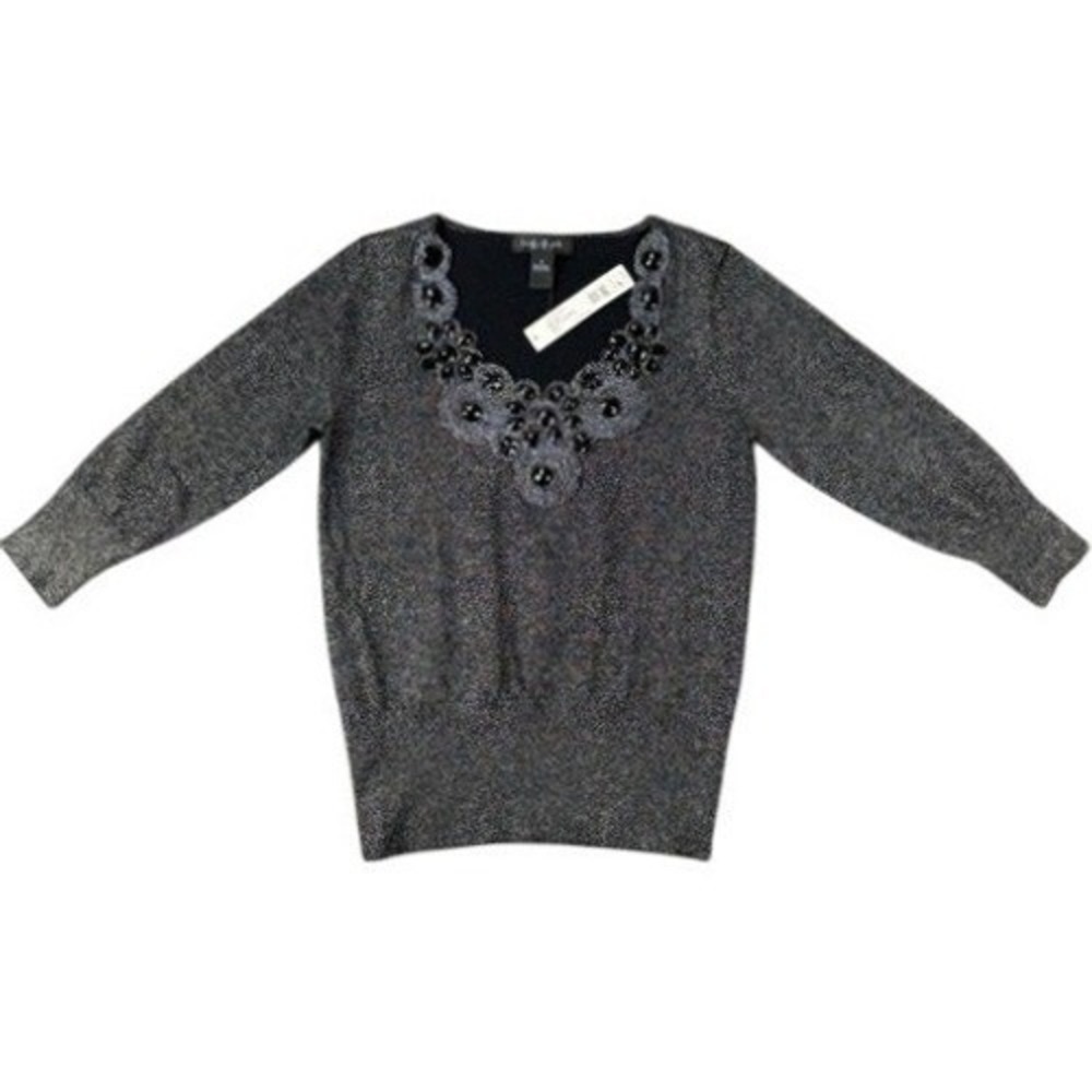 NEW August Silk Women's M Gray Sparkle Embellished Metallic Long Sleeve Sweater